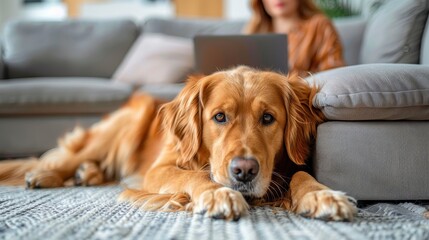 A golden retriever lies on a patterned rug, resting its head on the sofa while the owner sits in the background working on a laptop, enjoying a cozy home setting.