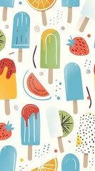 Ice cream pattern. Summer street food, snacks. Cone waffle with filling, ice cream balls in cup, ice cream in cone. Flat cartoon style background. High quality AI generated image