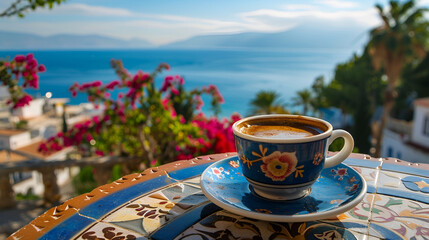 Fototapeta premium Turkish Coffee with View of Sidi Bou Said