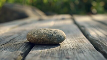 Close-up of a stone rock placed on a wooden table, with selective focus