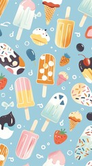 Ice cream pattern. Summer street food, snacks. Cone waffle with filling, ice cream balls in cup, ice cream in cone. Flat cartoon style background. High quality AI generated image