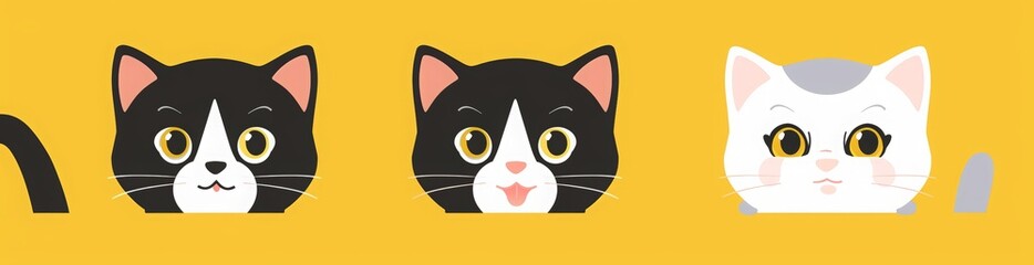 Obraz premium White, black and gray cat head icon set on a yellow background. A cute cartoon character with a pink nose, ears, eyes, mouth and smiling expression. A kawaii pet animal. kids wallpaper, print t-shirs
