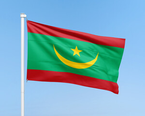 Mauritania flag on stick on sky background. Realistic flag illustration