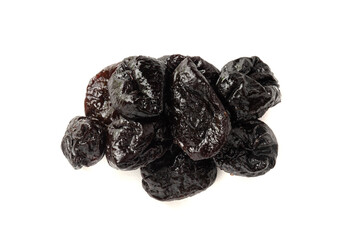 Dry Plums Isolated, Dried Black Fruits, Prune Group, Dry Plum Fruit on White Background