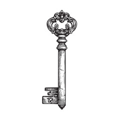 Hand drawn vintage key. Sketch style retro design. Safety and private symbol. Vector illustration isolated on white.