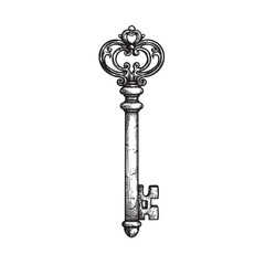 Hand drawn vintage key. Sketch style retro design. Safety and private symbol. Vector illustration isolated on white.