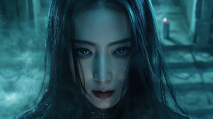 Fototapeta premium 黒い帽子とレースのブラウスを着た若いアジア人女性で、真剣な表情をしており、ゴシック調の性格をしている。明るい背景に対してポーズをとります。