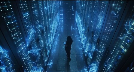 Technician with digital tablet inspecting racks in a modern data center