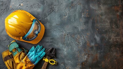 Image showing a yellow hard hat complemented with safety goggles, gloves, a wrench, and a measuring tape, set against a rugged, textured surface backdrop.