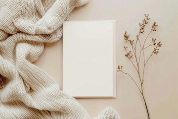 Work Invitation. Aesthetic Blank Paper Sheet Wedding Invitation with Dry Floral Branch on Neutral Background