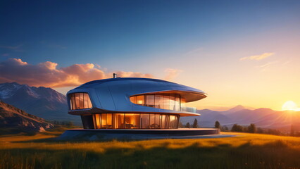 Obraz premium Villa in autumn not far from the mountains at sunset