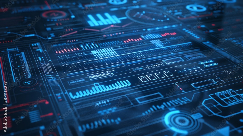 Poster An abstract image depicting a futuristic digital interface with glowing blue and red lines, suggesting data transfer and analysis