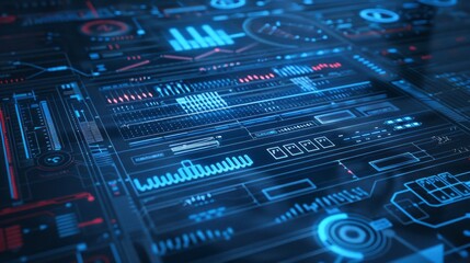 An abstract image depicting a futuristic digital interface with glowing blue and red lines, suggesting data transfer and analysis