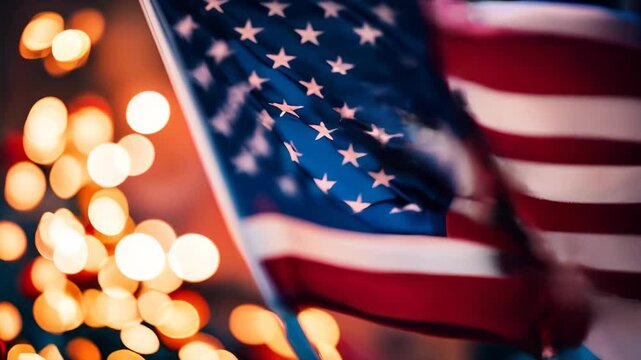 National holiday of USA. Animated greeting card. USA flag waving against bokeh background. US festive patriotic design, independence day, veterans day, memorial. Happy united states greeting card