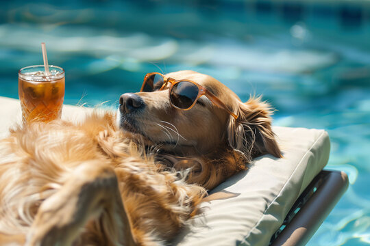 Sommerlicher Pooltraum &ndash; entspannter Hund mit Sonnenbrille und k&uuml;hlem Getr&auml;nk auf einer Liege, sonniger Tag, Urlaubsfeeling und pure Lebensfreude in stilvoller Nahaufnahme