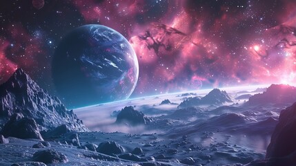 Alien Planet Landscape With Pink Nebula