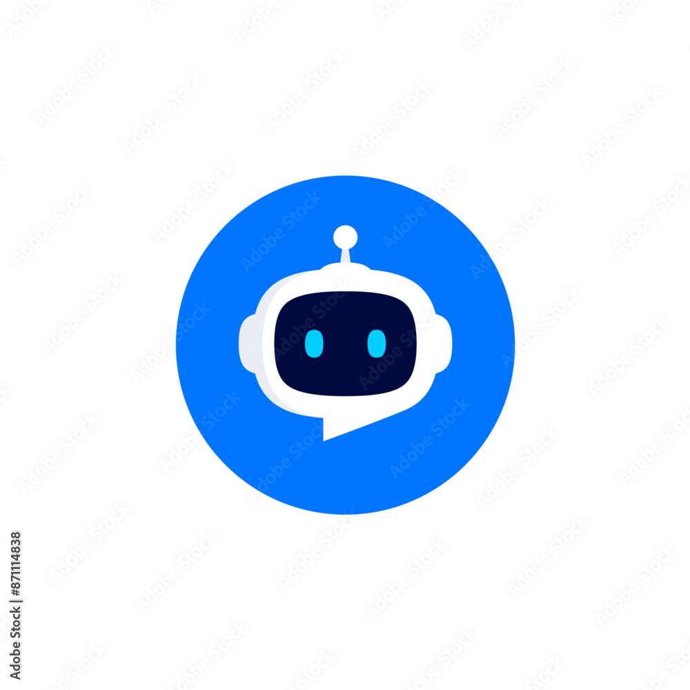 Poster robot head with speech bubble in blue circle on white background. chat bot logo design concept. cute