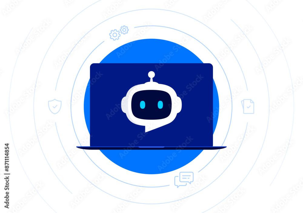 Poster robot head with speech bubble in laptop screen. chatbot concept. online communication with chat bot 