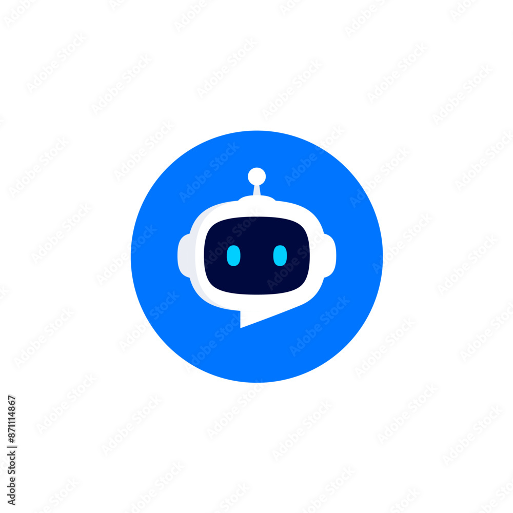 Poster robot head with speech bubble in blue circle on white background. chat bot logo design concept. cute
