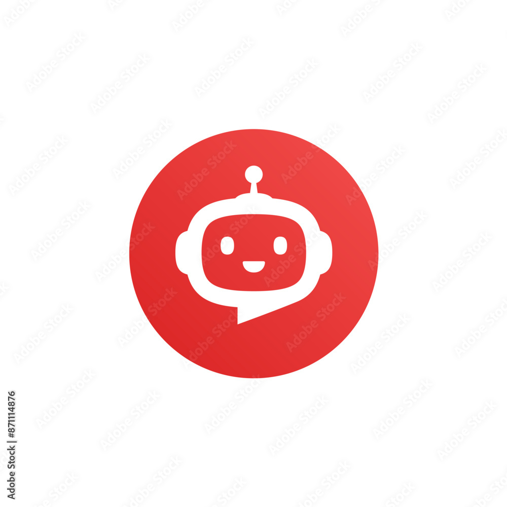 Poster robot head with speech bubble in red circle on white background. chat bot logo design concept. cute 