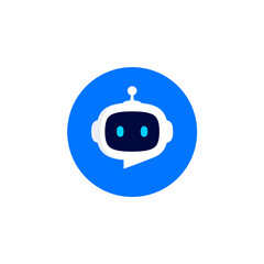 Robot head with speech bubble in blue circle on white background. Chat Bot logo design concept. Cute robot icon with speech bubble. Support service bot. Vector illustration
