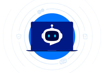 Robot head with speech bubble in laptop screen. Chatbot concept. Online communication with Chat Bot at laptop. Artificial customer support assistant. Vector illustration