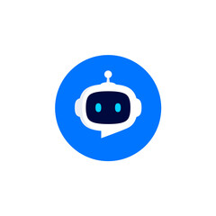 Obraz premium Robot head with speech bubble in blue circle on white background. Chat Bot logo design concept. Cute robot icon with speech bubble. Support service bot. Vector illustration