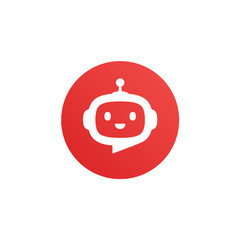 Obraz premium Robot head with speech bubble in red circle on white background. Chat Bot logo design concept. Cute robot icon with speech bubble. Support service bot. Vector illustration