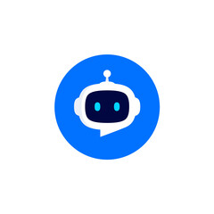 Robot head with speech bubble in blue circle on white background. Chat Bot logo design concept. Cute robot icon with speech bubble. Support service bot. Vector illustration