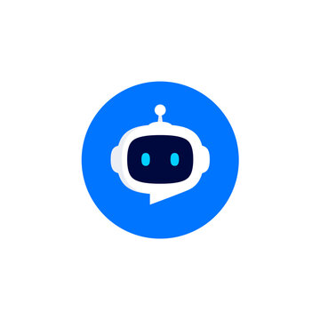 Robot head with speech bubble in blue circle on white background. Chat Bot logo design concept. Cute robot icon with speech bubble. Support service bot. Vector illustration