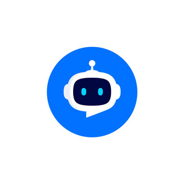 Robot head with speech bubble in blue circle on white background. Chat Bot logo design concept. Cute robot icon with speech bubble. Support service bot. Vector illustration