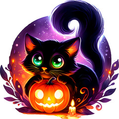 Halloween themed drawing with a black cat. Black funny cat with an orange pumpkin. Cat with green eyes. Illustration on a white background