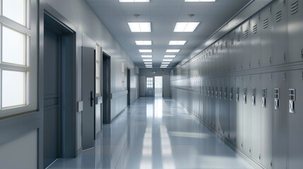 University Hallway. School Corridor with Lockers in 3D Illustration