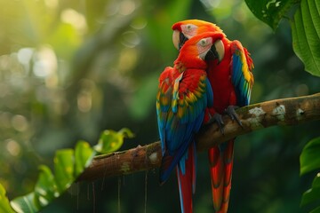 Fototapeta premium Scarlet Macaws Perched on a Branch in a Lush Rainforest