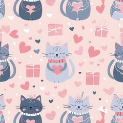 Cute cartoon pattern with cats and presents, seamless background for Cat Day on a pastel pink background