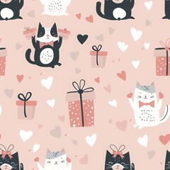 Cute cartoon pattern with cats and presents, seamless background for Cat Day on a pastel pink background
