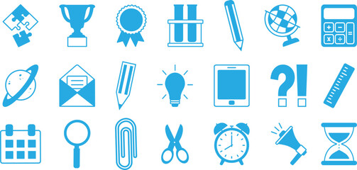 School blue icon, education set. College, student, teacher, university symbol, office stationery. School and science equipment isolated on white background. Cartoon vector illustration