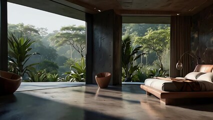 A modern bedroom with large windows overlooking a lush jungle. The room features a king-size bed with leather headboard and a wooden frame, two side tables, and two wooden chairs. Zoom in - Powered by Adobe
