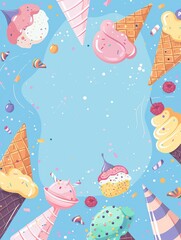 Summer season snack. Ice cream blue background with text space. Flat cartoon style ice cream. High quality AI generated image