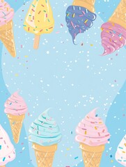 Summer season snack. Ice cream blue background with text space. Flat cartoon style ice cream. High quality AI generated image