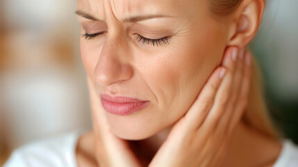 Obraz premium A woman suffers from sharp pain in the neck 
