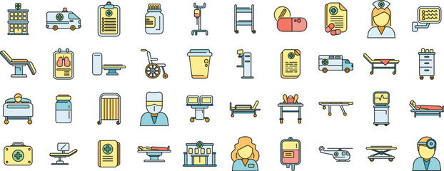 Fototapeta premium Hospitalization icons set outline vector. Medical health. Nurse bed thin line color flat on white