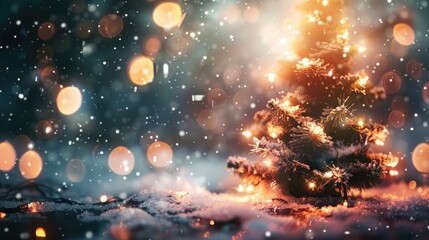 Cozy winter scene with defocused New Year lights and Christmas tree bokeh in the background. 2025 abstract defocused background