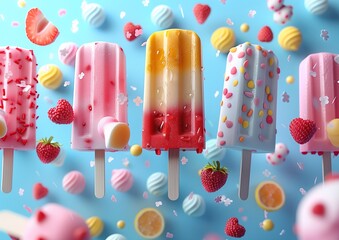 Playful Popsicle Illustration in Bright Geometric Patterns on Vivid Blue Background