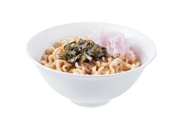 Ramen noodles with seaweed and radish in a bowl on a white isolated background