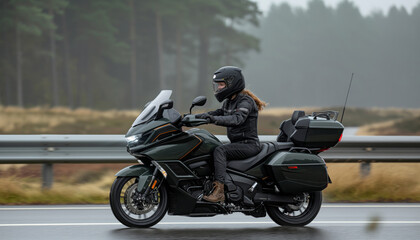 Fototapeta premium A motorcyclist in full gear rides a bike on a misty forest road, showcasing an adventurous spirit and the thrill of exploring the open road amidst nature's beauty.