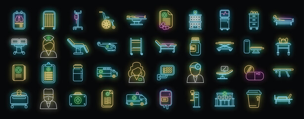 Hospitalization icons set outline vector. Medical health. Nurse bed neon color on black