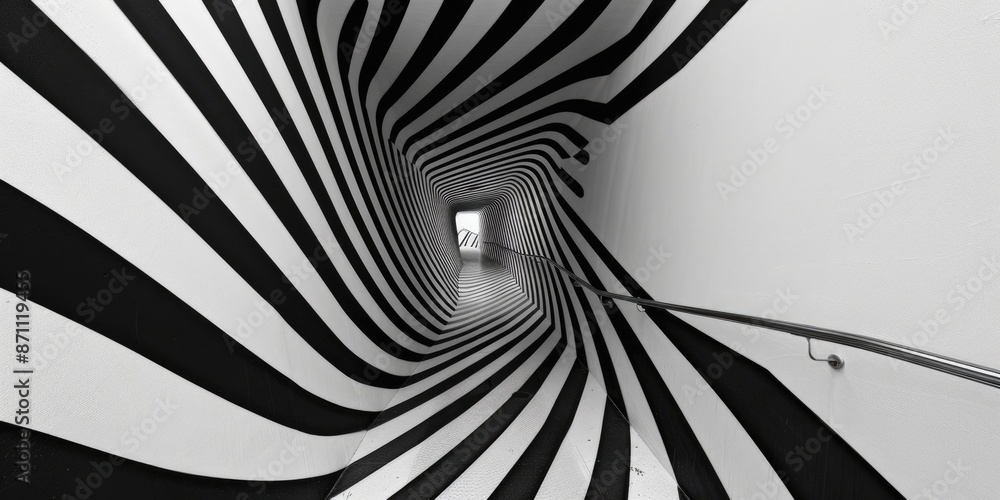 Poster the black and white striped tunnel mesmerizes with its dynamic patterns, creating a captivating opti