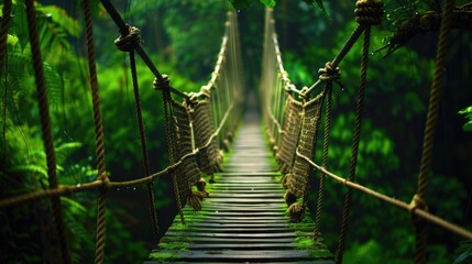 Jungle Bridge in Honduras Rainforest. Hanging Rope Bridge Over Natural Green Background