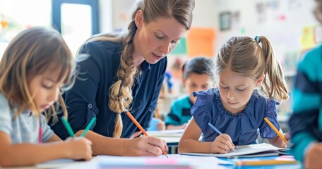 Teacher helping young students with classroom activities in a vibrant school setting